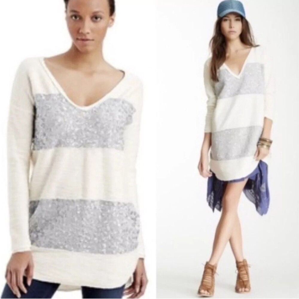 Free People Leopard Silver Cotton Sequin Striped Sweater Dress Tunic Top‎ Sz Sm